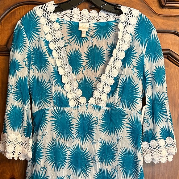 Milly Aster Print Polynesian Dress in Aqua & White Size Large - Picture 10 of 10